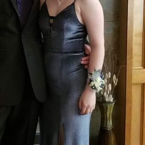 Floor Length Navy Blue/Silver Velvet Prom Dress